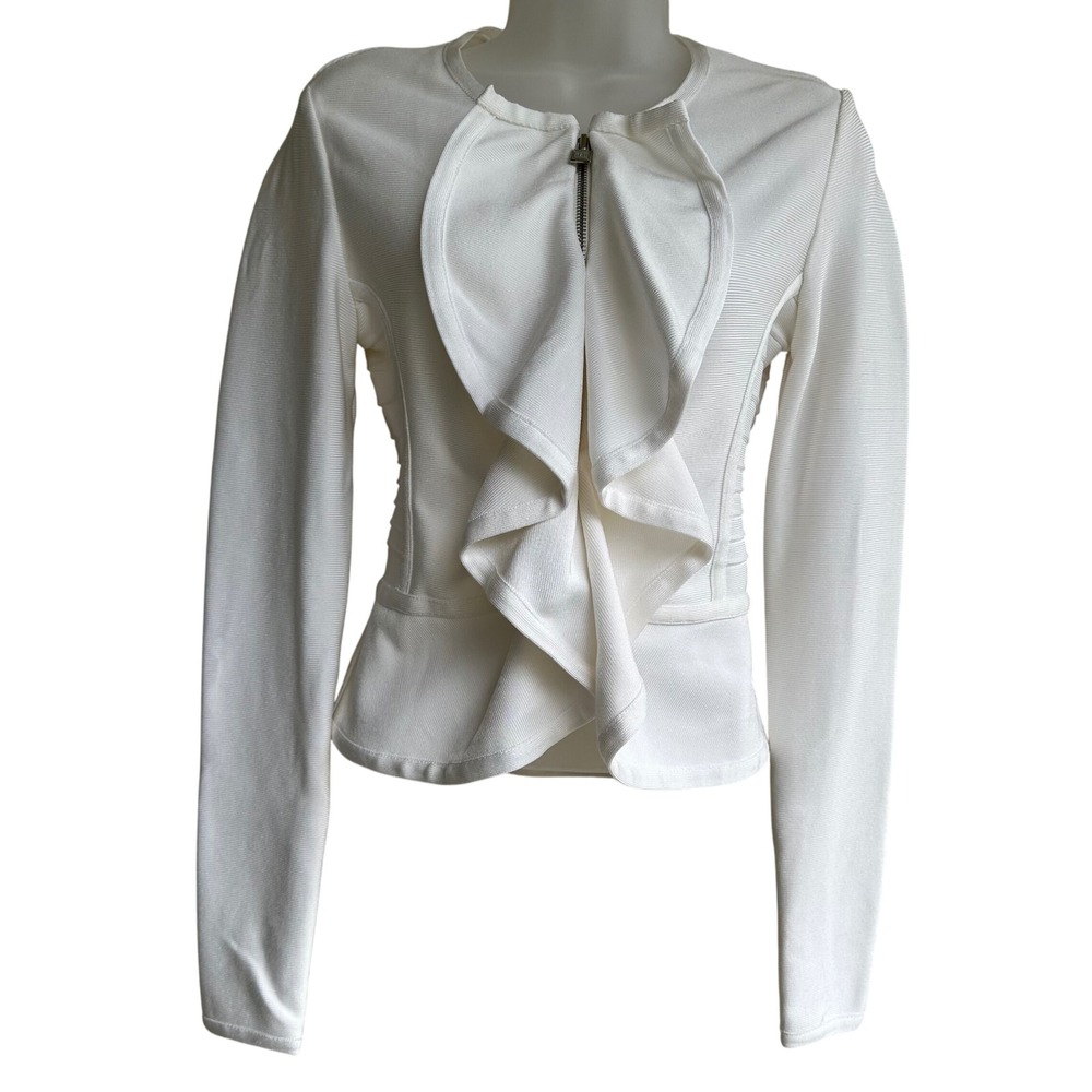 Herve Leger White Ruffle Zip Front Peplum Jacket Blazer Women 0